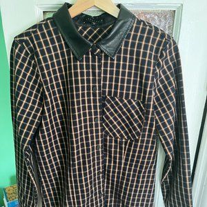 Sanctuary Plaid Button-Down Shirt with Faux-Leather Collar